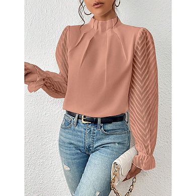 Women's Long Frill Sleeve Stand Collar Shirts Ruffle Solid Color Elegant Office Workwear Blouse