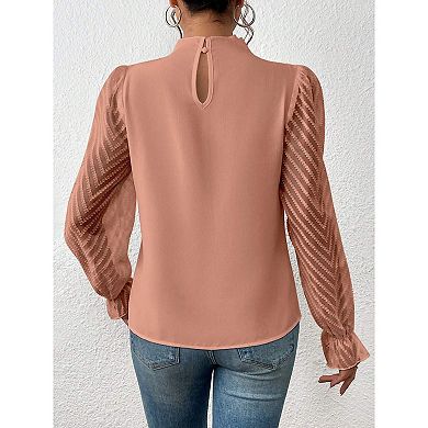 Women's Long Frill Sleeve Stand Collar Shirts Ruffle Solid Color Elegant Office Workwear Blouse