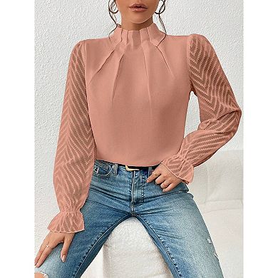 Women's Long Frill Sleeve Stand Collar Shirts Ruffle Solid Color Elegant Office Workwear Blouse