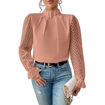 Women's Long Frill Sleeve Stand Collar Shirts Ruffle Solid Color Elegant Office Workwear Blouse