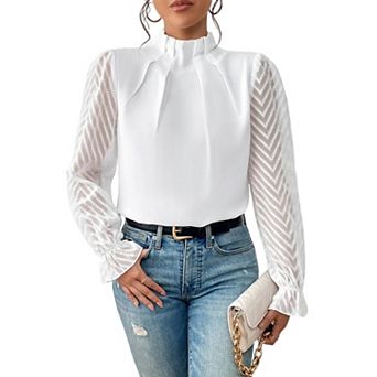 Women's Long Frill Sleeve Stand Collar Shirts Ruffle Solid Color Elegant Office Workwear Blouse