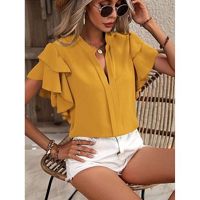 Women Short Sleeve V Neck Blouse Soft Stylish Shirt Youthful Double Layered Ruffle Sleeves Top