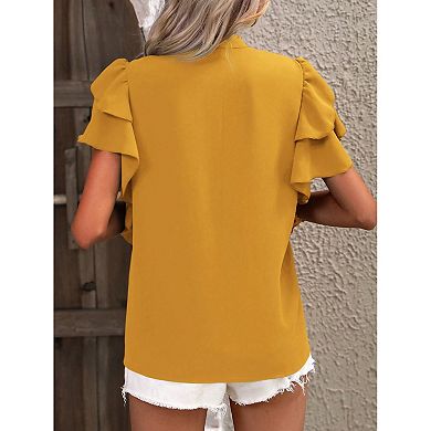 Women Short Sleeve V Neck Blouse Soft Stylish Shirt Youthful Double Layered Ruffle Sleeves Top