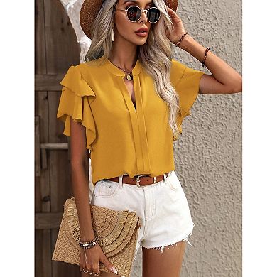 Women Short Sleeve V Neck Blouse Soft Stylish Shirt Youthful Double Layered Ruffle Sleeves Top