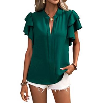 Women Short Sleeve V Neck Blouse Soft Stylish Shirt Youthful Double Layered Ruffle Sleeves Top