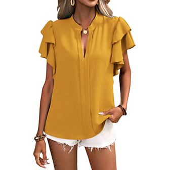 Women Short Sleeve V Neck Blouse Soft Stylish Shirt Youthful Double Layered Ruffle Sleeves Top