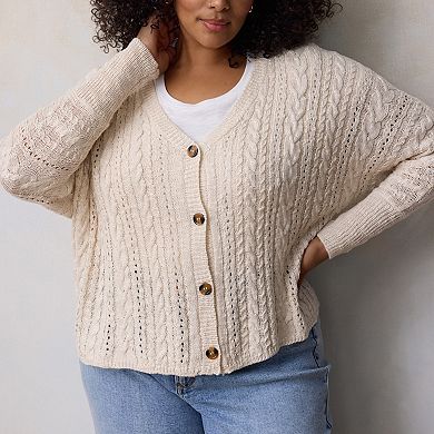 Plus Size LC Lauren Conrad V-Neck Slub Cabled Sweater Cardigan