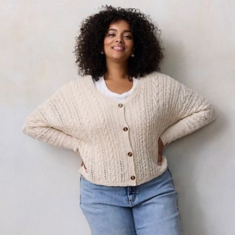 Plus Size LC Lauren Conrad V-Neck Slub Cabled Sweater Cardigan