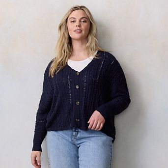 Plus Size LC Lauren Conrad V-Neck Slub Cabled Sweater Cardigan