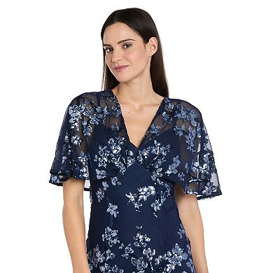 Women's R&M Richards Beaded Floral Sheer Capelet Bodice Flutter Sleeve Evening Gown