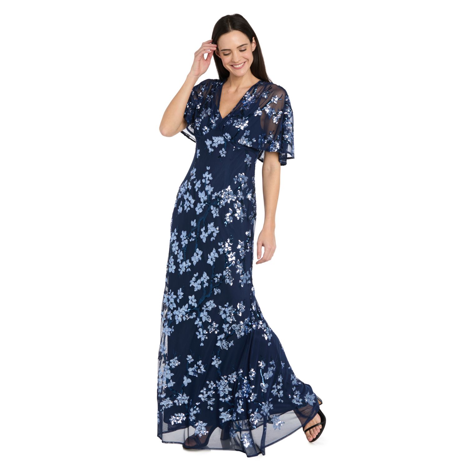 Женское платье R&M Richards Beaded Floral Sheer Capelet Bodice Flutter Sleeve Evening Gown, цвет: Розовый — фото 3