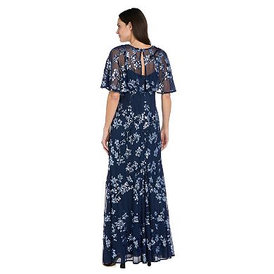 Women's R&M Richards Beaded Floral Sheer Capelet Bodice Flutter Sleeve Evening Gown