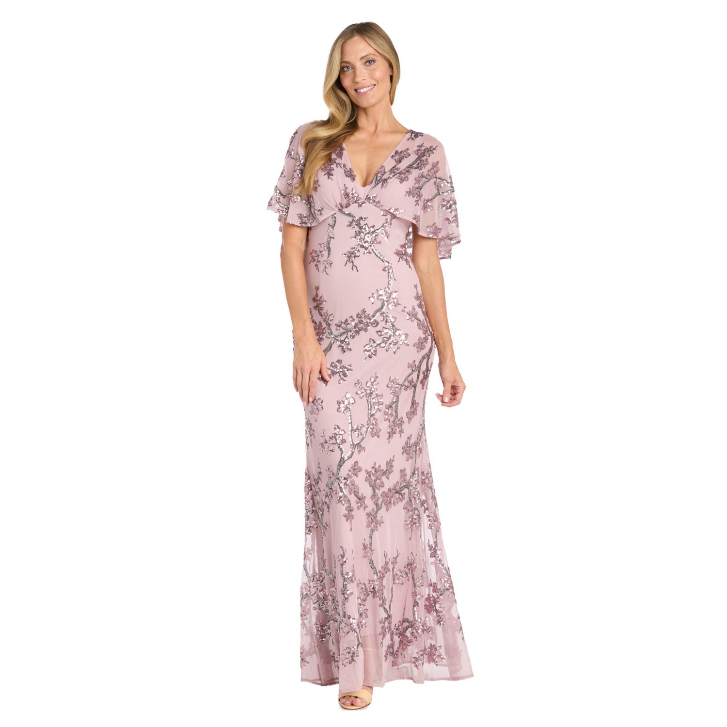 Женские платья R&M Richards Beaded Floral Sheer Capelet Bodice Flutter Sleeve Evening Gown