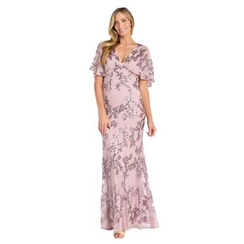 Women's R&M Richards Beaded Floral Sheer Capelet Bodice Flutter Sleeve Evening Gown