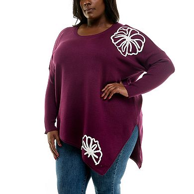 Plus Size Nina Leonard Oversized Floral Pattern Sweater