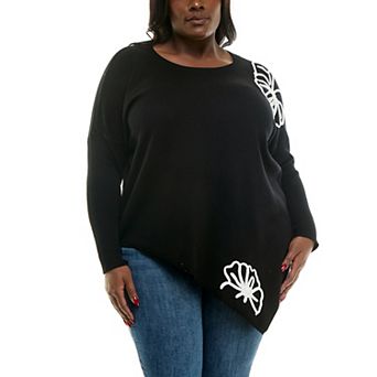 Plus Size Nina Leonard Oversized Floral Pattern Sweater