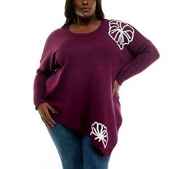 Plus Size Nina Leonard Oversized Floral Pattern Sweater