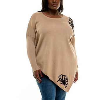 Plus Size Nina Leonard Oversized Floral Pattern Sweater