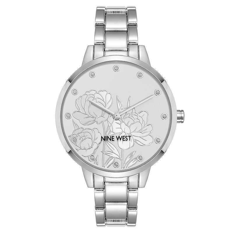 Nine West Women's Flower Dial Polished Crystal Accent Watch, Size: 36MM, Silver