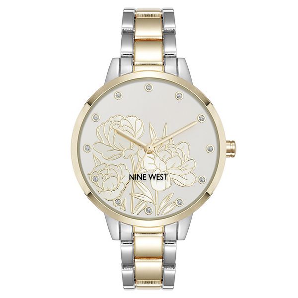 Nine West Women's Flower Dial Polished Crystal Accent Watch - Two Tone