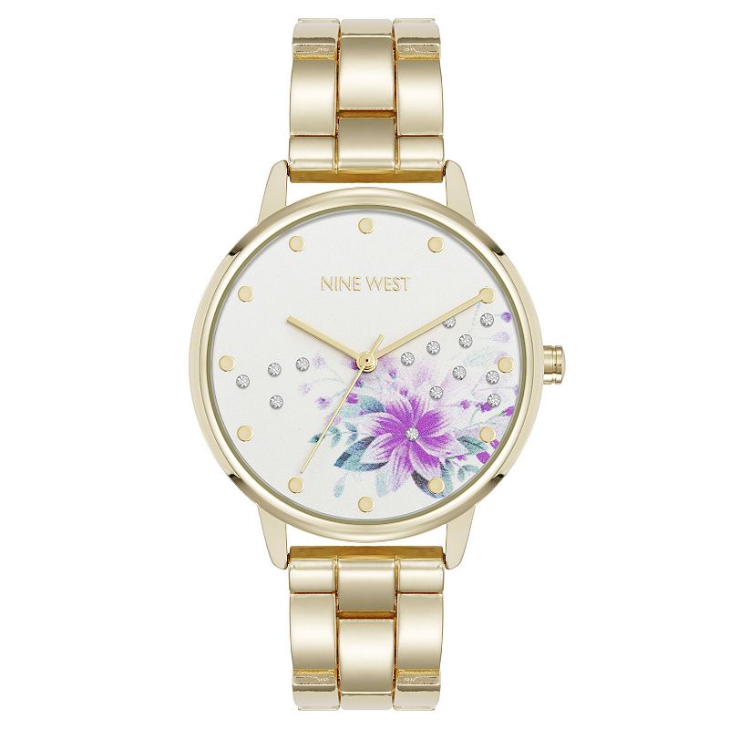 Nine West Women's Floral Dial Scattered Crystal Polished Link Watch, Size: 36MM, Gold Floral
