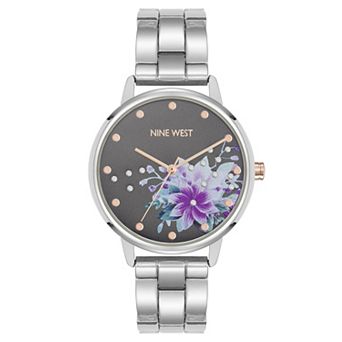 Nine West Women's Floral Dial Scattered Crystal Polished Link Watch