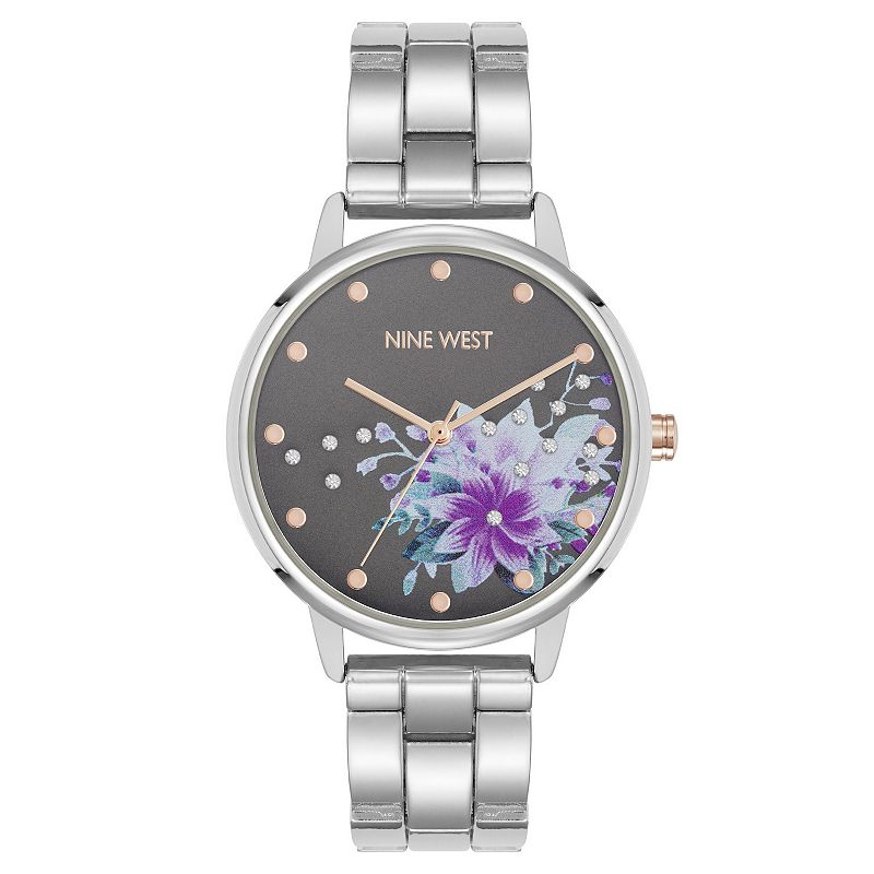 Nine West Women's Floral Dial Scattered Crystal Polished Link Watch, Size: 36MM, Silver Floral