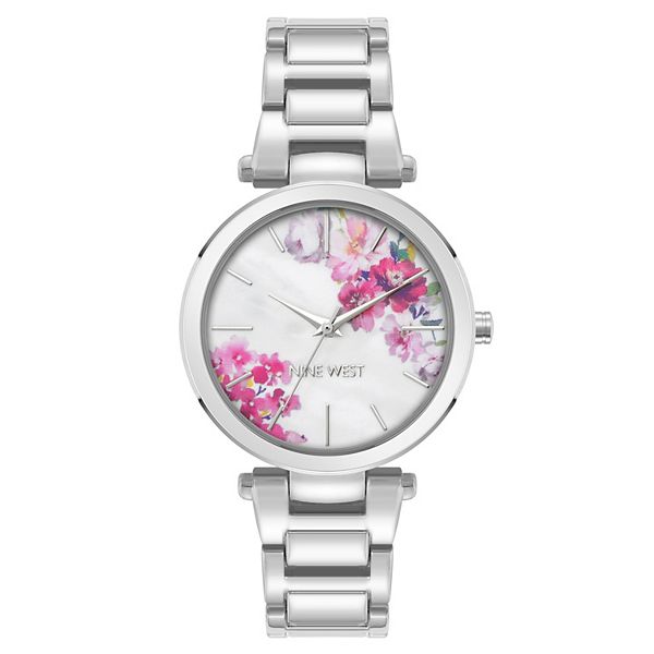 Nine West Women's Pink Floral Dial Polished Metallic Watch - Silver Multi