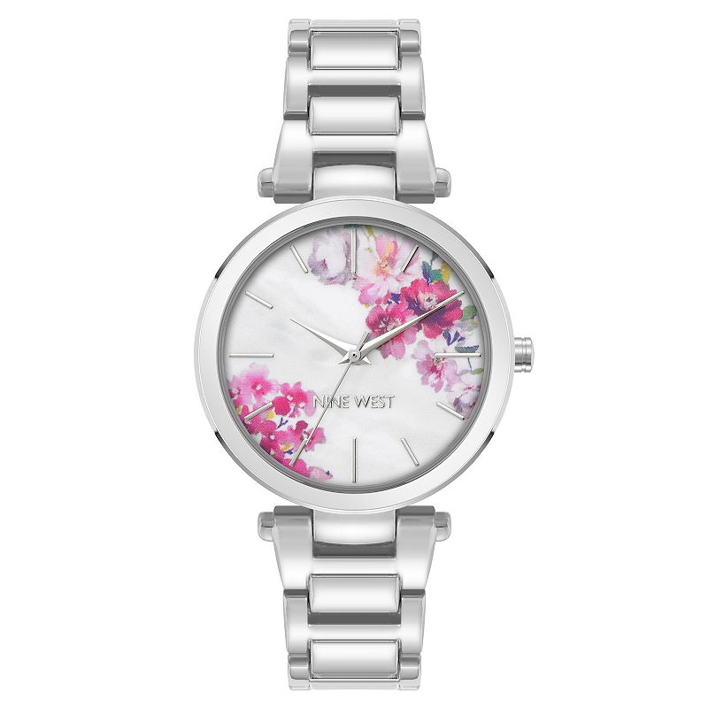 Nine West Women's Pink Floral Dial Polished Metallic Watch, Size: 36MM, Silver Team