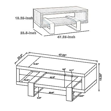 Modern Driftwood Open Shelf Coffee Table, Gray and Black