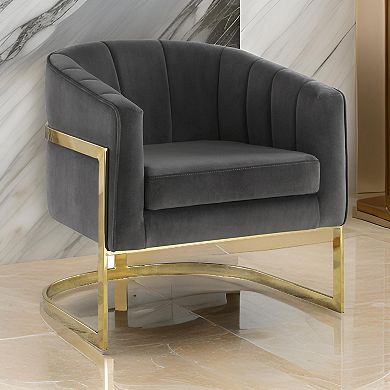 30 Inch Barrel Foam Accent Chair, Brushed Gold Floating Base, Gray Velvet