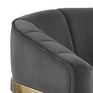 30 Inch Barrel Foam Accent Chair, Brushed Gold Floating Base, Gray Velvet
