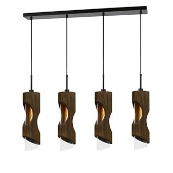 4 Light Metal Frame Pendant Fixture with Wooden and Glass Shades, Brown