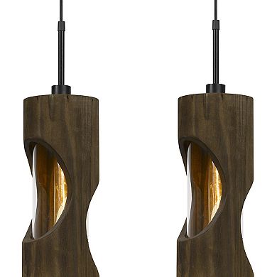 4 Light Metal Frame Pendant Fixture with Wooden and Glass Shades, Brown