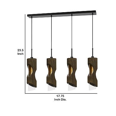 4 Light Metal Frame Pendant Fixture with Wooden and Glass Shades, Brown