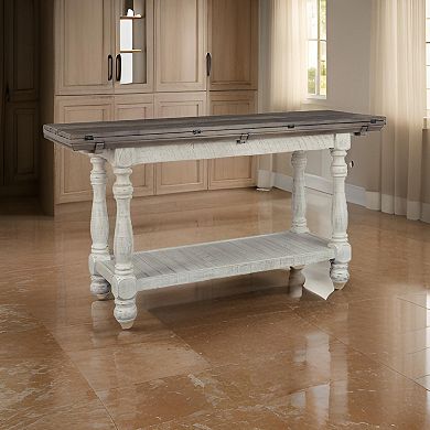 Flip Top Wooden Sofa Table With Open Bottom Shelf, Brown And Antique White