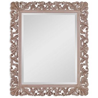 Rectangular Filigree Carved Wooden Frame Mirror, Natural Brown