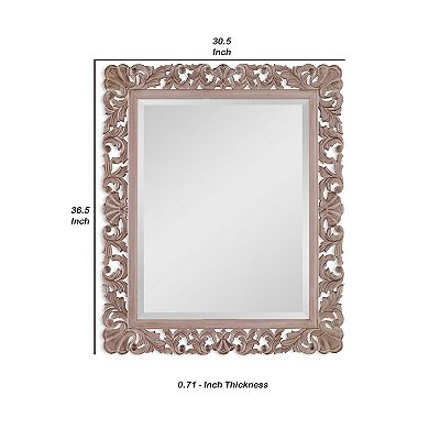 Rectangular Filigree Carved Wooden Frame Mirror, Natural Brown