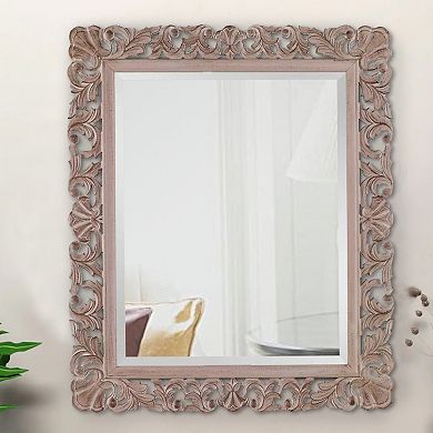 Rectangular Filigree Carved Wooden Frame Mirror, Natural Brown
