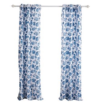 Riga 84 Inch Window Curtains, Blue Seashells Print, Microfiber, Rod Pockets