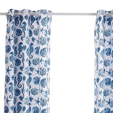 Riga 84 Inch Window Curtains, Blue Seashells Print, Microfiber, Rod Pockets