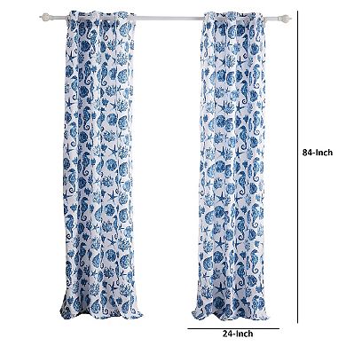 Riga 84 Inch Window Curtains, Blue Seashells Print, Microfiber, Rod Pockets