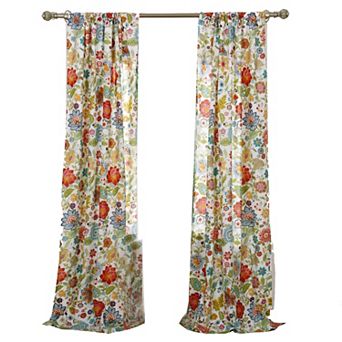 84 Inch Window Panel Curtain, Red and Blue Flowers, Polyester, Back Ties