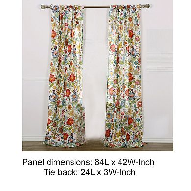 84 Inch Window Panel Curtain, Red and Blue Flowers, Polyester, Back Ties