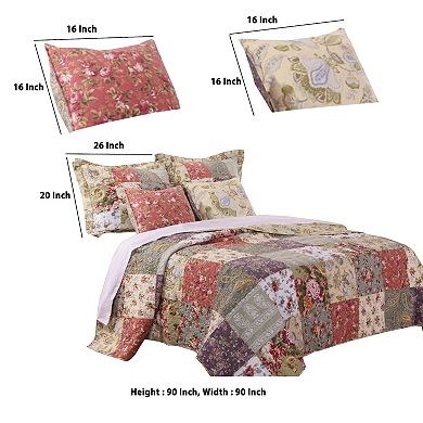 Chicago 5 Piece Fabric Queen Size Quilt Set with Jacobean Prints,Multicolor