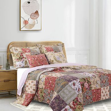 Chicago 5 Piece Fabric Queen Size Quilt Set with Jacobean Prints,Multicolor