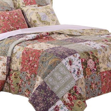 Chicago 5 Piece Fabric Queen Size Quilt Set with Jacobean Prints,Multicolor
