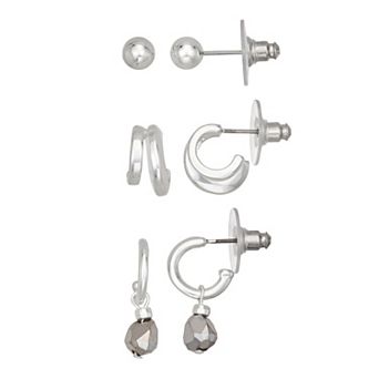 Nine West 3-Pair Silver Tone Beaded Earrings Set