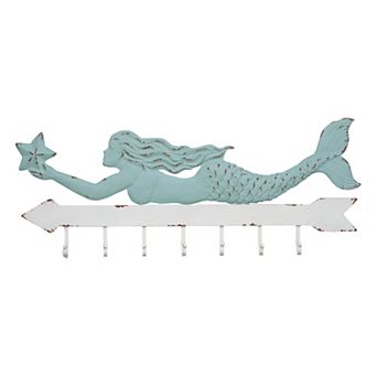 Storied Home Aqua & White Metal Mermaid Wall Decor with 7 Hooks