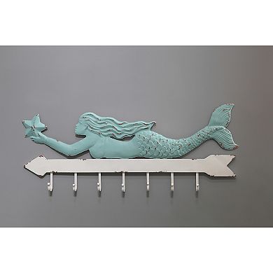 Storied Home Aqua & White Metal Mermaid Wall Decor with 7 Hooks